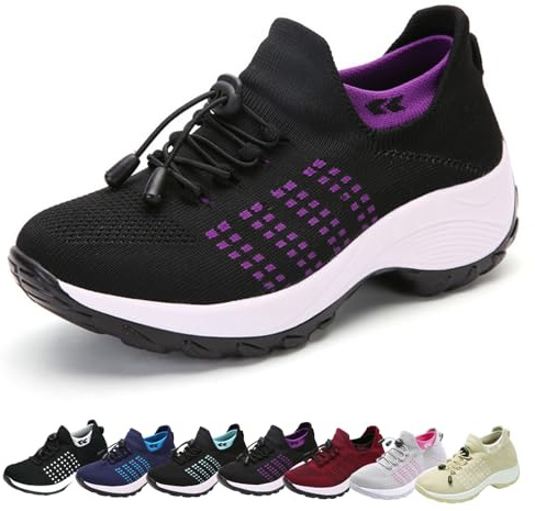 Scarpe Ortopediche Comfort Wear da Donna, Comode con Cuscino d'Aria per Fascite Plantare, Scarpe da Ginnastica con Cuscino Elastico Ortopedico (Nero Viola,40)