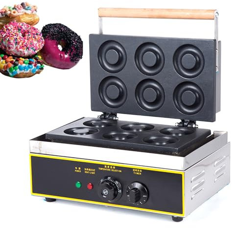 PPLDABNK Macchina per Ciambelle Elettrica da 1500 W, Macchina per Ciambelle Commerciale A 6 Fori con Riscaldamento Bilaterale, 50-250 °C, Timer da 0 A 5 Minuti, Rivestimento Antiaderente,6 Squares