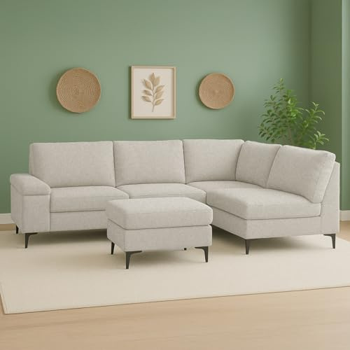 CONCEPT USINE | Canapé d’Angle 4/5 Places Colchester Beige | Tissu Chenille Texturé | Pouf Indépendant Modulable | Confort Enveloppant | Assise avec Ressorts Ensachés | Design Contemporain