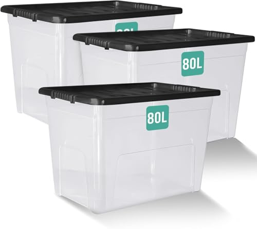 Klass Home Collection 3 x 80 Litre Large Plastic Storage Boxes With Lids - Heavy Duty Stackable 80L Large Storage Box With Lid, Big Plastic Containers For Home, Moving, Garage (3 x 80L - Black Lid)