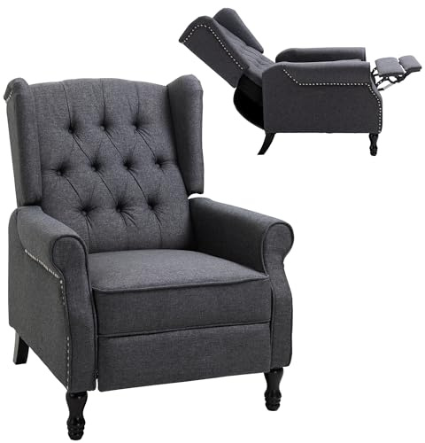 HOMCOM Recliner Armchair Wingback Vintage Reclining Chair Dark Grey | Nail Head Trim, Button Tufted Back, Footrest, Living Room