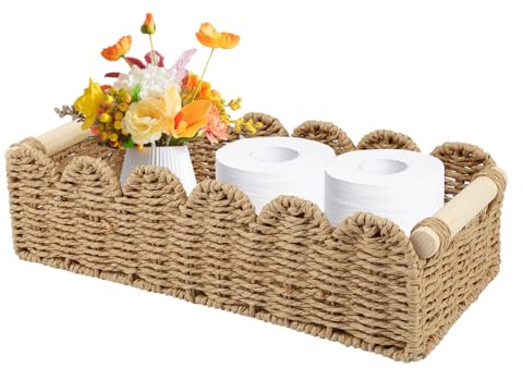 Cesta Almacenaje Baño Tejidas, Bohemio Cesta Rectangular Trenzada de Vela de Papel con Mango Madera, 34.5x16x10cm Cestas Organizadoras Decorativas para Cambiador, Papel Higiénico, Cosméticos, Juguetes