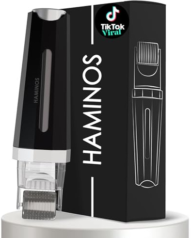 HAMINOS Derma roller 0.25 mm 3.0 with Reservoir for Hair, Beard, Skin, Wrinkles, Stretch Marks, Hyperpigmentation INSTANT SERUM APPLICATION, 520 Titanium Needles