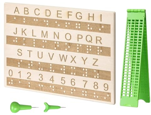 Pizarra para escritura Braille - Madera PVC 4 líneas 28 celdas | Kit de escritura Braille con lápiz óptico, tablero de letras, etiquetas, guía para los dedos, herramienta de aprendizaje para personas