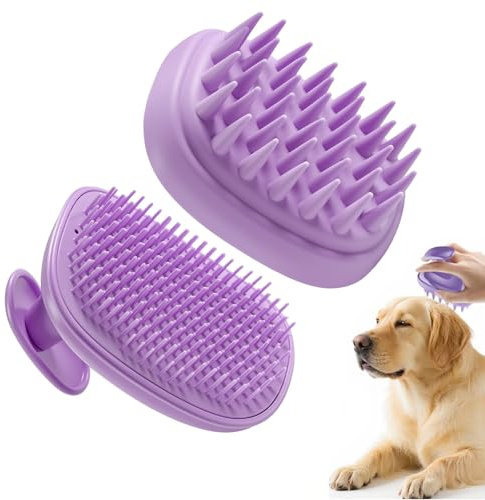 Cepillo Baño Mascotas, Cepillo Baño Gato, Cepillos Baños Silicona Perro, 2 en 1 Desmontable para Mascotas de Pelo Largo y Corto (Morado)