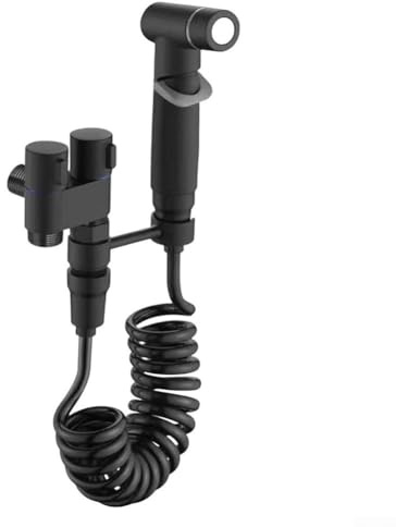 HOHOVYVY Juego de pulverización de bidé para inodoro, práctico juego de limpieza en aerosol con presión de agua ajustable, doble salida, válvula de ángulo G1/2 de aleación (negro)