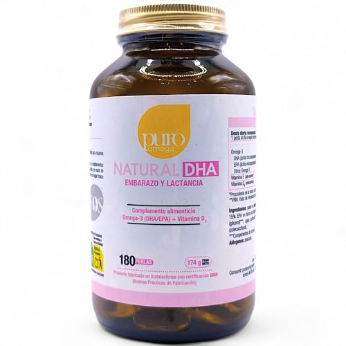 Puro Omega Natural DHA Embarazo y Lactancia 180 Perlas - Con 563mg Omega-3, 410mg DHA, 95mg EPA y Vitaminas D3 y E - Contribuye a la Formación Normal del Cerebro y la Visión del Bebé