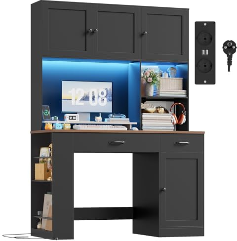 FirFurd 180cm hohe Schreibtisch mit Schubladen und Bücherregal, Computertisch aus Holz mit LED & Steckdosenleiste, Bürotisch PC-Tisch Möbel für Arbeitszimmmr, Büro, Kinderzimmer 180x120x50cm Schwarz