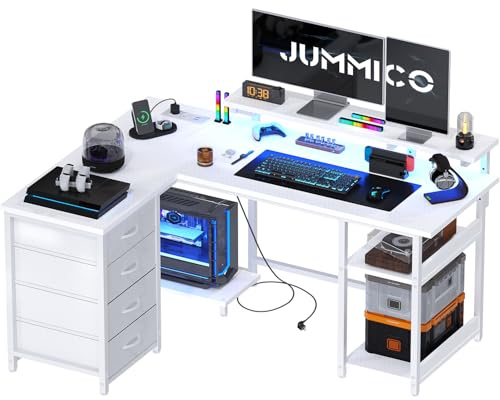 JUMMICO 135cm Mesa en Forma L con Luces LED, Escritorio de Esquina Ordenador para Home Office, Mesa Gaming con Estantes de Almacenamiento, Esquina Reversible y Estructura Estable, Blanco Carbón | Escritorio Gaming Tomas de Corriente y Puertos USB, Escritorio Esquina Reversible con Cajones de Tela para Oficina