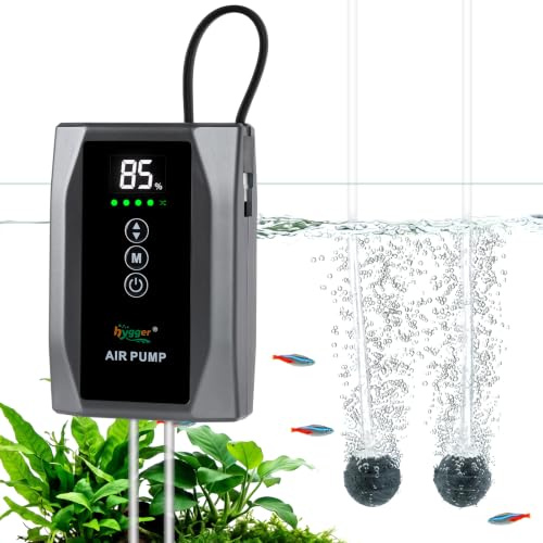 hygger Pompe à air d'aquarium alimentée par piles jusqu'à 447 litres avec affichage numérique, aérateur et mousseur silencieux, rechargeable par USB, portable avec débit réglable pour aquarium, seau à