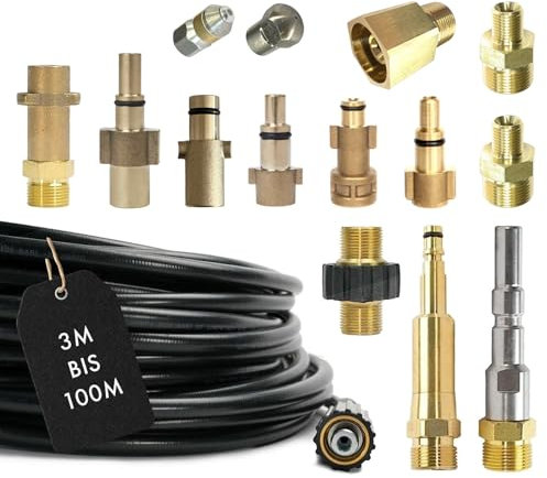 Rohrreinigungsschlauch 15-Teilig für Kärcher Kränzle NILFISK ALTO WAP HD HDS Parkside Black & Decker Bosch Lavor KEW Kinzo Anschluss 1/8 AG M22 x 1,5 IG & Bajonett KEW Quick Connect EASY!Lock 30m