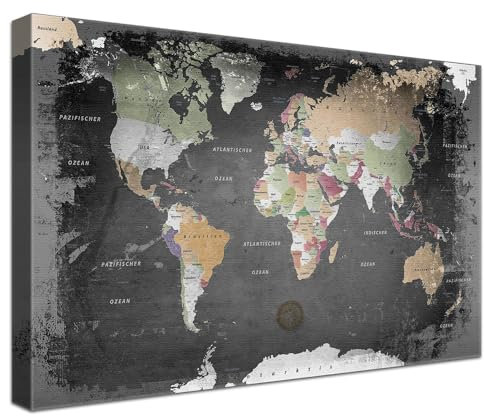 LANA KK Stilvolle Pinnwand Weltkarte - Graphit - Deutsch in 80 x 60 cm, stabile Rückwand zum Pinnen inkl. Starterkit - Leinwand-Kunstdruck Wandbild Landkarte XXL