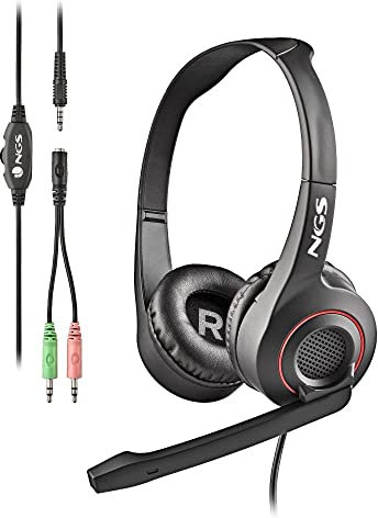 NGS MSX 10 Pro - Auricular Stereo Ligero Micrófono Ajustable, Conexión Jack 3.5 mm y Adaptador Doble Jack, 20 Hz, Negro