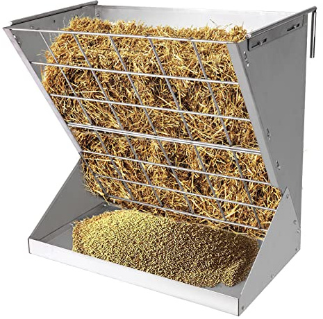 BREUAILY Large Hay Rack for Goats Metal 2 in 1 Hay & Grain/Salt Feeder Removable Hanging Hay Rack for Horses Livestock Food Feeders for Stable Farm Easy to Clean (Silvery)