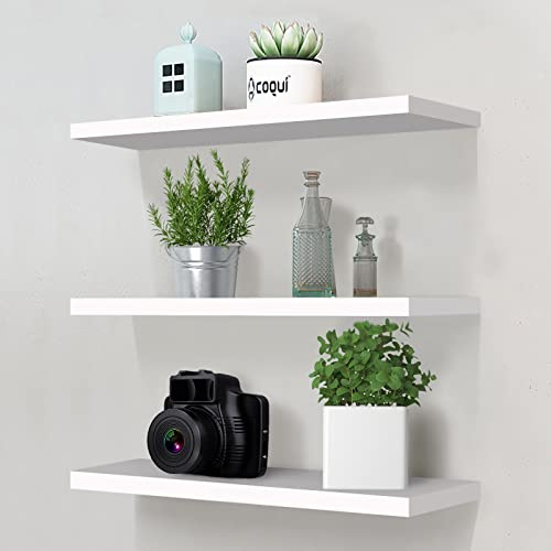 White Floating Wall Shelves,Set of 3 Wall Mounted Floating Shelves Decorative Rack Shelf, Modern Decor 3 Tiers Storage Display Shelves for Office, Kitchen, Bedroom, Bathroom