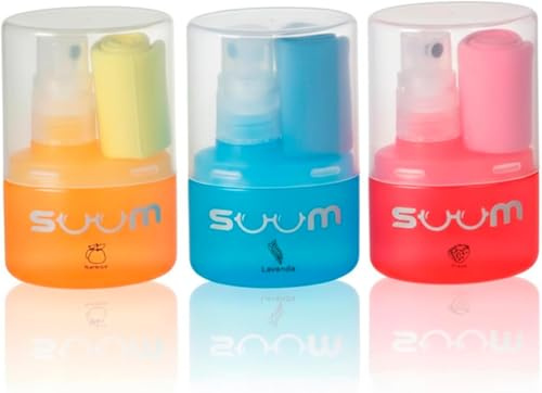 SUUM Pack 3 Spray Limpiador de Gafas con Paño de Microfibra - Spray con para Lentes Limpios y sin Vaho para Cristales y Pantallas - Limpia Gafas (Fresa, Lavanda y Naranja)