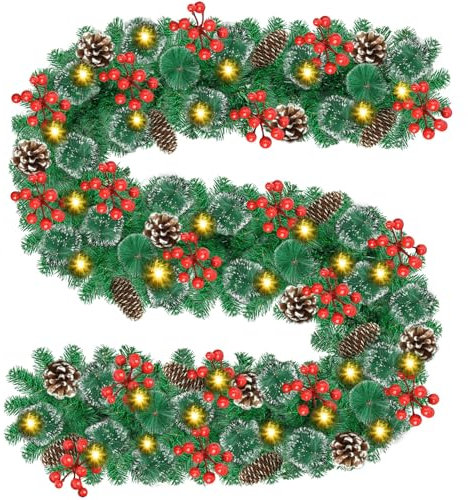Timiyou 9FT Christmas Garland, Christmas Decorations, Artificial Garland Decorations Christmas with Red fruit, Pine Cones, Outdoor Indoor Christmas Decorations for Stairs Fireplace Front Door