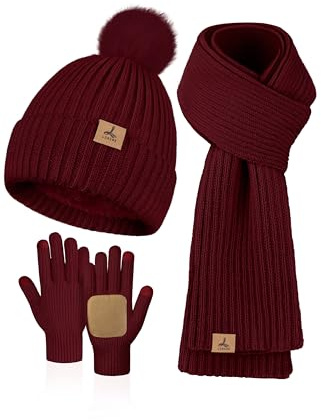 LOROME Set invernale da donna, con cappello, sciarpa, guanti, in pile, lavorato a maglia, regalo, Vino rosso, 12.2*8.27 inch
