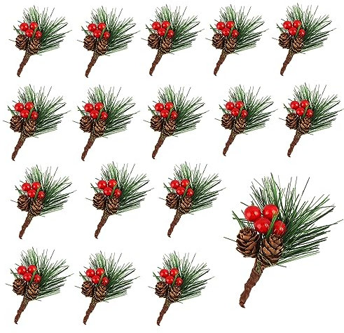 24 Pcs Rami di Abete Artificiali con Bacche e Pigne, Coni di Pino Naturali con Bacche, Pine di Pino Artificiale con Bacche, Rami di Bacche Pigne di Natale per Decorazione Natalizia
