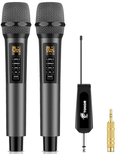 TONOR Wireless Microphones with Treble/Bass/Echo, Dual Dynamic Handheld Cordless Singing Mic with Receiver for Karaoke KTV DJ Wedding Party Church, 30 UHF Adjustable Frequencies, 60m Coverage TW525