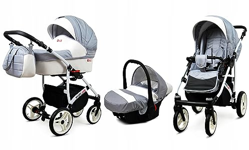 BabyLux® Bambimo Kinderwagen Set 3 in 1 - White Lux - incl. Babywanne, Buggy Sportsitz, Auto-Babyschale - Autositz - Kinderwagenset - Kombikinderwagen mit Wickeltasche, Regenschutz usw.