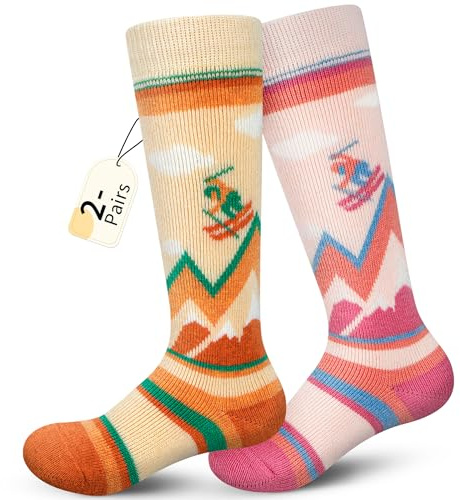 unenow Merino Wool Ski Socks Kids 2 Pairs, Winter Warm Snowboarding Thermal Socks for Boys Girls Toddlers