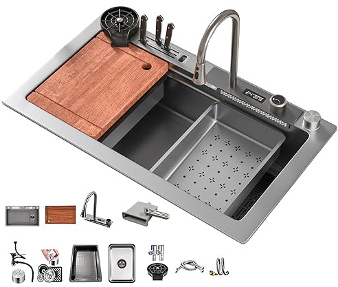KOOGIMDDR Grå 1 handfat diskbänk med vattenfall, 75 × 45 cm arbetsplats LED-vattenfallskran, glidande skärbräda och högtryckskopp, kompakt och multifunktionell, 75×45CM