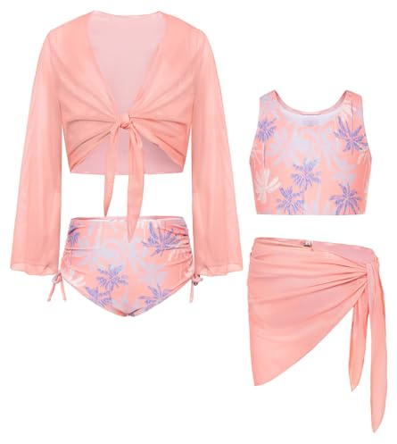 Maillot De Bain Enfant Débardeur + Slip + Haut De Protection + Paréo Maillot De Bain Quatre Pièces Rose Clair 10 Ans