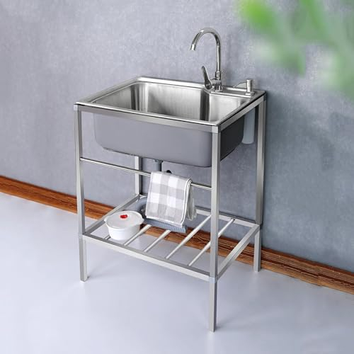 Évier en Acier Inoxydable,Évier de Cuisine Lavabo à Une Cuve,Evier Buanderie Simple avec Robinet, Evier Restaurant Commercial avec Établi et Robinet,pour buanderie/arrière-Cour/Garage (Size : 68 * 44