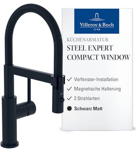 Villeroy & Boch Steel Expert Compact Window Rubinetto da cucina ad alta pressione, rubinetto da cucina con montaggio antitermo, rubinetto per lavello a risparmio acqua, altezza 147 mm, nero opaco