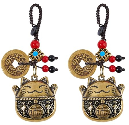 SUPERFINDINGS 2 Porte Clés Maneki Neko Porte Bonheur à Suspendre en Forme de Chat Porte Bonheur Chinois avec Cinq Empereurs Argent Feng Shui Longueur 12.5cm