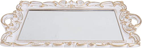 Retro-Spiegeltablett im Vintage-Stil, goldener Schmuck, Ohrring, Armband, Halskette, Präsentationsplatte, Kosmetik-Organizer, 36 x 24 cm, for Foto-Requisiten, Hochzeit, Tischdekoration ( Color : White