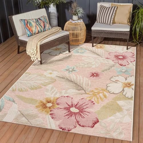 Taracarpet In & Outdoor Teppich Wetterfest Wohnzimmer Balkon Küchenteppich Terrassenteppich Flachgewebe mit Muster Blumen floral Rose rosa 160x230 cm
