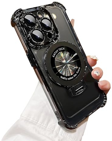 Emlivi Mag-Safe Coque transparente pour iPhone 16 Pro Max, avec anneau de support magnétique galvanisé, protection de l'appareil photo, en TPU souple, quatre coins, noir