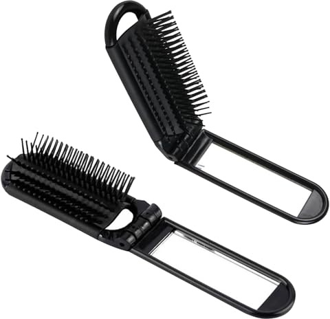2 Pcs Travel Hair Brush with Mirror, Folding Compact Hair Brush, Black Nylon Bristles, Plastic Handle, Scalp Massage, All Hair Types, Unisex, Men and Women