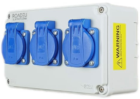 RoadEu - Caja cuadro electrico, 3 enchufes Schuko de 230V. Distribuidor de Corriente Eléctrica IP44 para uso en interiores y exteriores. Toma de pared combinada Ideal para Taller, Cobertizo y Fábricas