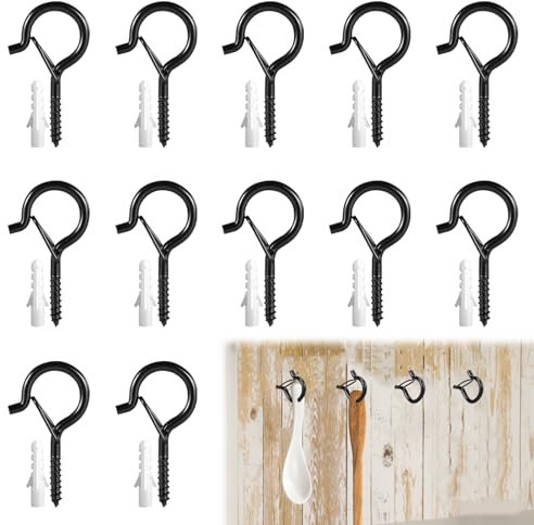 Deilonie 12Pcs Black Iron Screw Hooks, Cup Hooks with Safety Buckle, Q-Hanger Screw Hooks for Outdoor Lights, Hanging Plants, Fairy Lights