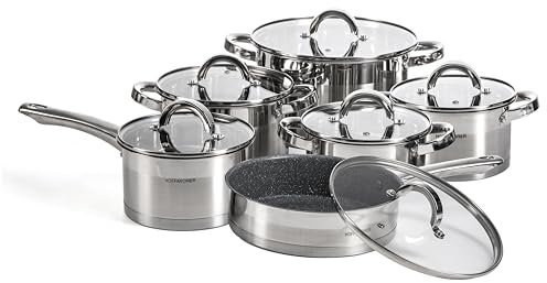 HOUSZY Lot de 12 casseroles et poêles en acier inoxydable – Batterie de cuisine antiadhésive avec poêle, casseroles et couvercles en verre – Batterie de cuisine professionnelle en acier inoxydable