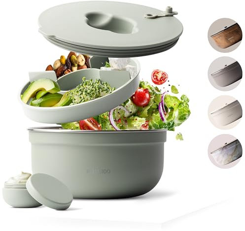 MAMEIDO Caja de Ensalada para llevar 1,5 l, Lunch box de acero Bento Box sin BPA, Bol con compartimentos y contenedor de apósitos a prueba de fugas, Fiambreras Comida Trabajo (Desert Sage)