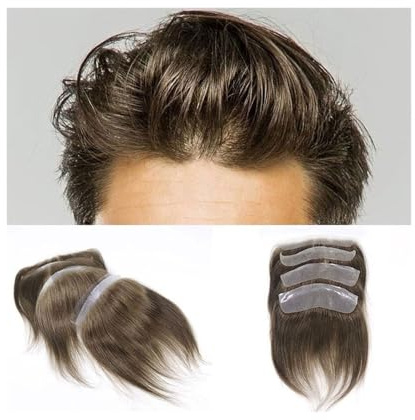 Toupet Homme Postiche frontal for homme #7, cheveux humains bruns, boucle en V, 0,06 mm d'épaisseur, peau PU Système Remplacement Cheveux(16x1.5cm)