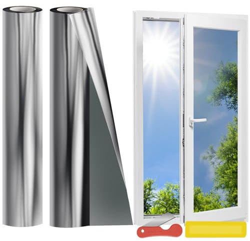 2 Pezzi Pellicola Specchio per Vetri Finestre 44.5 x 200cm Pellicola Specchio Autoadesive Protezione Privacy Finestre Anti-UV, Pellicole Privacy Finestre Unidirezionali per Ufficio Casa, Argento