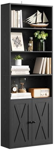 IRONCK Bookcase 6-Tier, Bookshelf with Doors, 180cm Tall Living Room Bookcases, Display Shelf Storage, Freestanding Book Shelf Unit for Home Office, Dinning Room, 60x23.5x180cm (Black)
