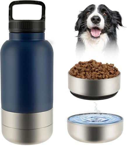 3-in-1 Dog Water Bottle, Stainless Steel Insulated Dog Travel Water Bottle with 2 Detachable Bowl, 32oz Pet Drinking Cup for Walking, Travel, Camping