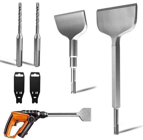 SDS Plus, set di 6 scalpelli, scalpello piatto, 280 x 100 mm e 15°, scalpello angolato, 165 x 75 mm, acciaio 40Cr & SDS Plus, set di punte durevoli e affilati per piastrelle, colla per piastrelle