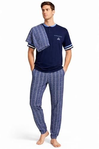 GX GARGIX Pigiama Uomo 3 Pezzi in Policotone – Maglia Mezze Maniche, Pantalone Lungo e Pantaloncino, Set Notte Casa, Vari Colori e Taglie (IT, Testo, L, Regular, Regular, SOM/178-BLU)