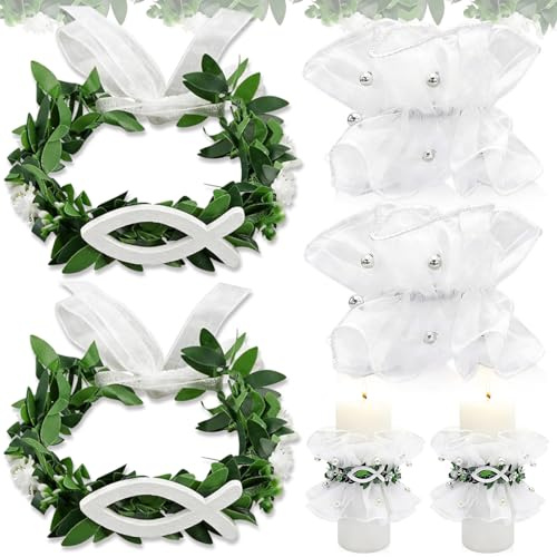 SUpoetry 2 Pieces Dripless Candle for Christening, Crown Candle with Leaves Baptism Candles, Cover for Communion Candles, Dripless Protector for V-elas, for Communion V-elas, Christening and Wedding