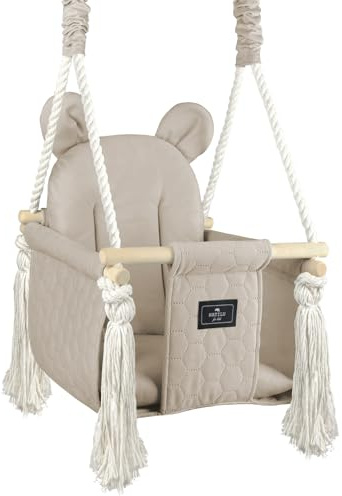 NATILU® Baby Swing Set Indoor Outdoor + Safety Belt | Bear Pink Velvet | Sensory Swing Chair | Hanging Chair | Baby Seat | Door Bouncers for Baby, Toddler, Children, Kids | 6M+ Garden Swing