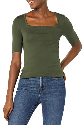 Amazon Essentials Women's Slim-Fit Half Sleeve Square Neck T-Shirt, Olive, S