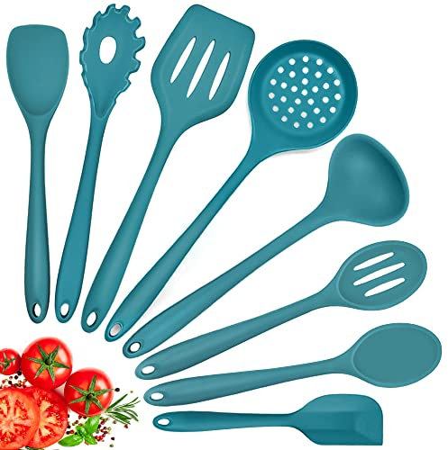 Herogo Juego de utensilios de cocina, 8 piezas, de silicona, antiadherente, resistente al calor, juego de utensilios de cocina con espátula, cuchara, espátula, cuchara, cucharón, color azul