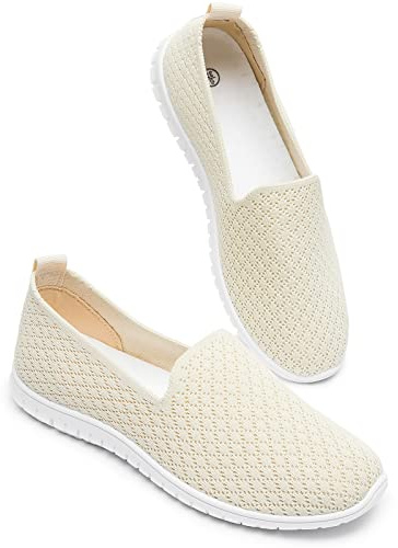 BABUDOG Women's Mesh Flats Shoes Breathable Slip on Shoes Casual Black and White Flats Comfortable Walking Shoes(Beige.US9)